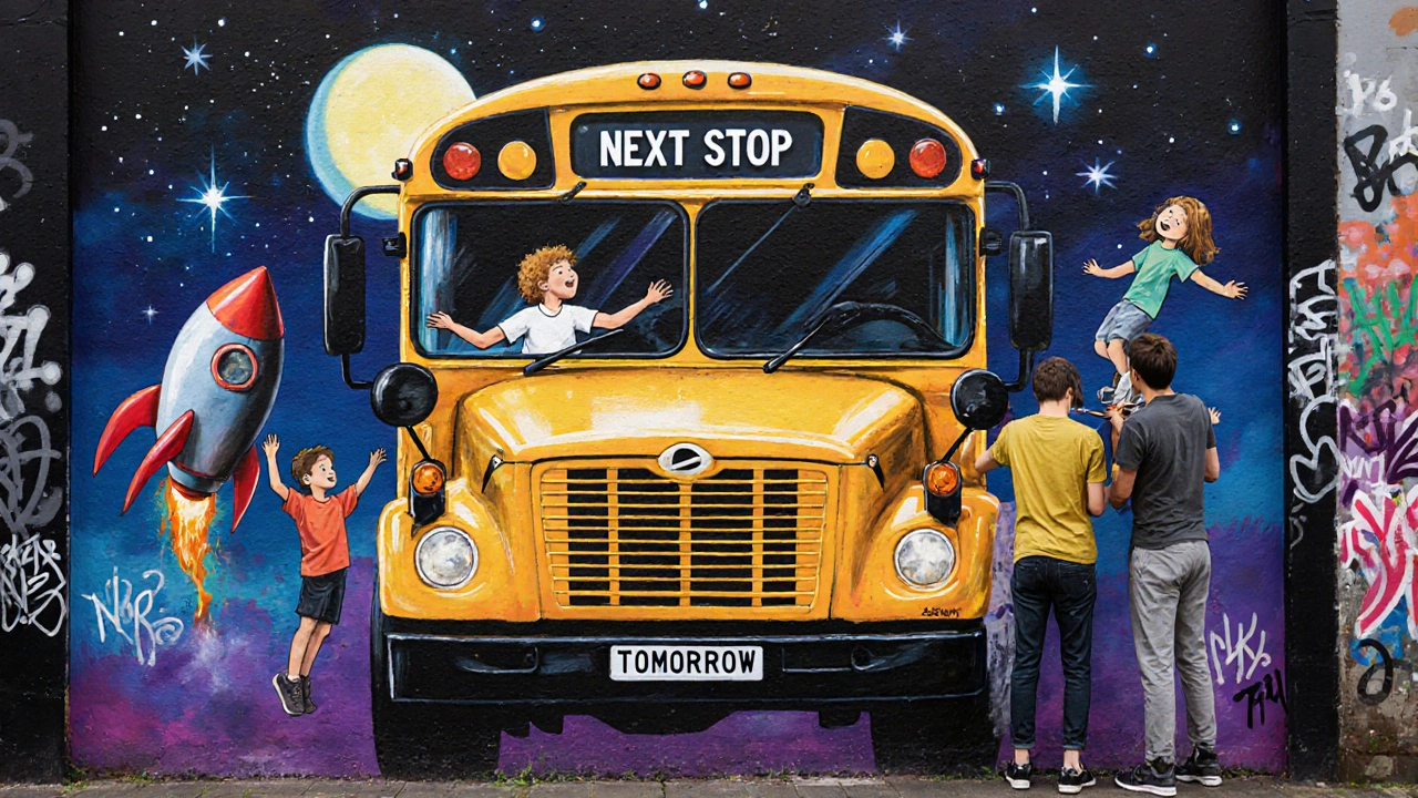 A school bus turned into a rocket flying toward the moon, with children floating around it, painted on a wall in Walthamstow.