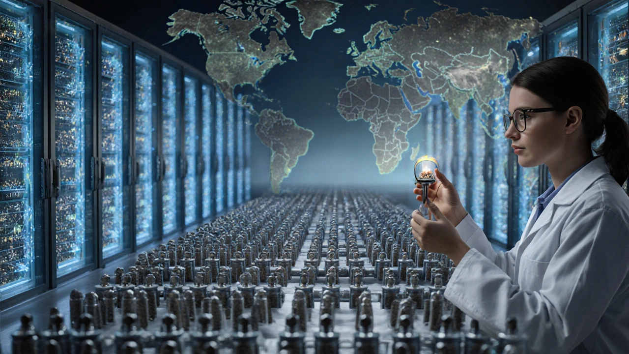 A scientist holds a seed in a lab, surrounded by glowing seed vaults and faint global plant maps in the background.