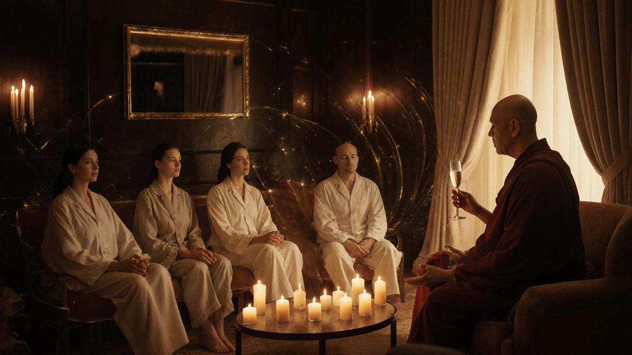 A serene group meditation session with electromagnetic therapy and champagne, blending ancient mindfulness with modern bio-optimization.