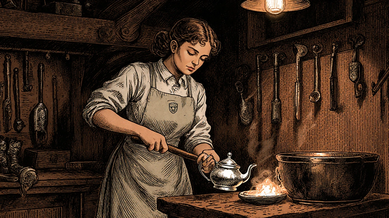 A silversmith hammering a silver teapot using traditional tools in a warm, cluttered workshop.