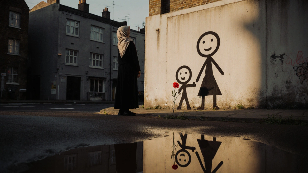 A simple stick-figure mural of a mother and child with a single red flower placed at its base.