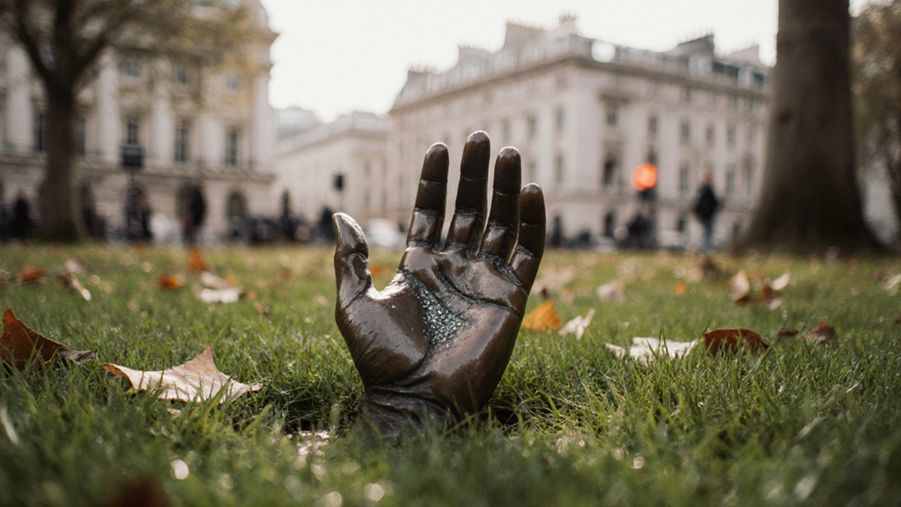 A single bronze hand reaching out from grass in a quiet London square, no markings.