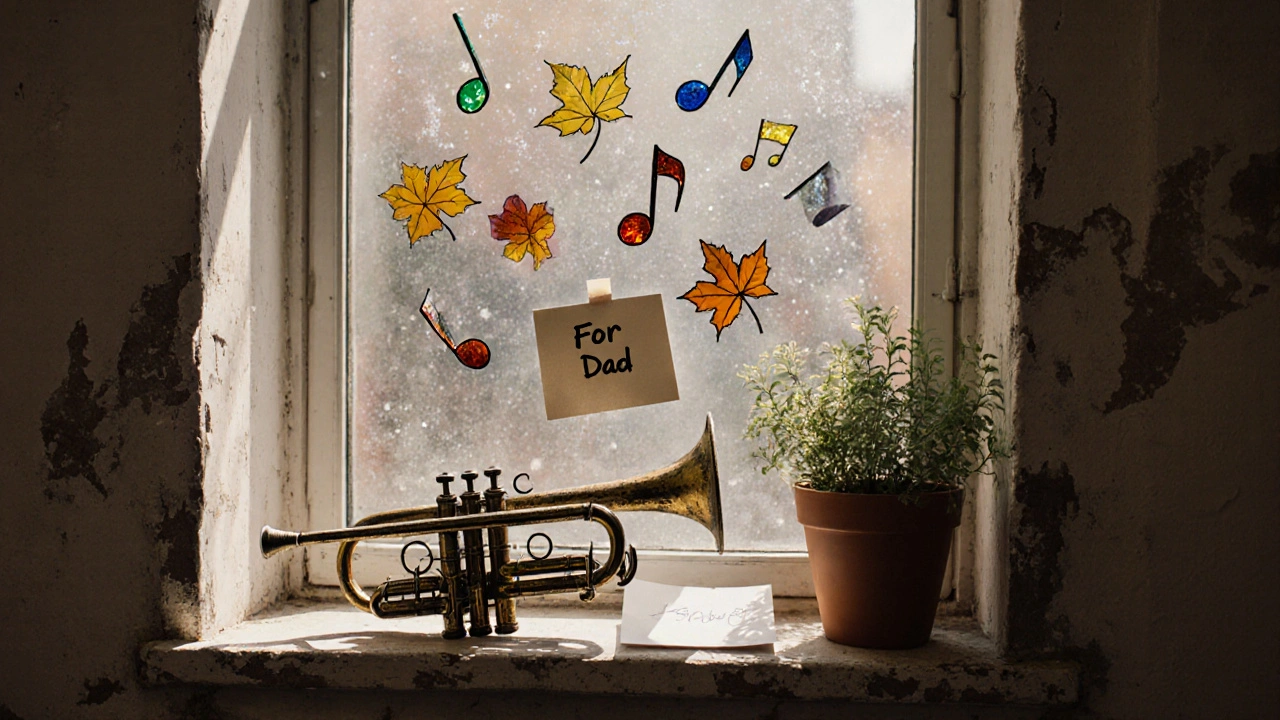 A single jazz trumpet on a windowsill surrounded by floating musical notes and leaves, a personal tribute mural in Islington.
