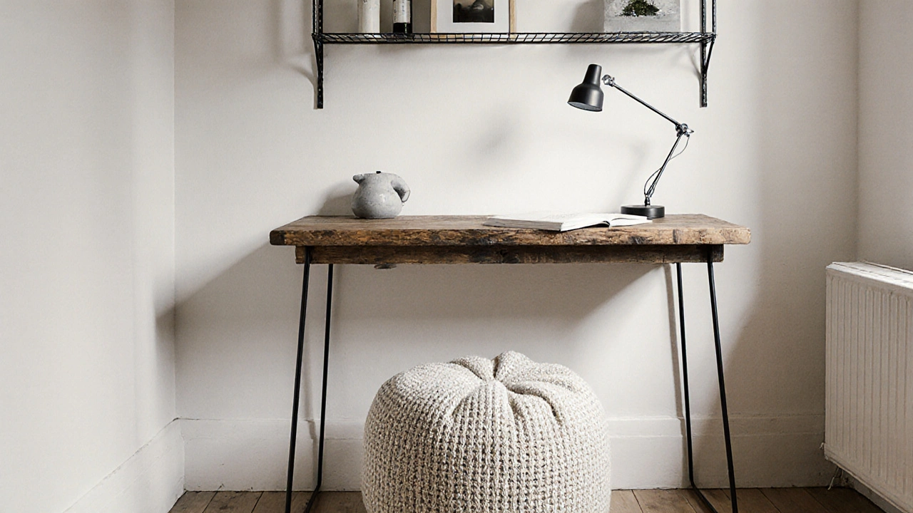 A small bouclé pouf as a footrest under a reclaimed oak desk in a minimalist Camden studio.