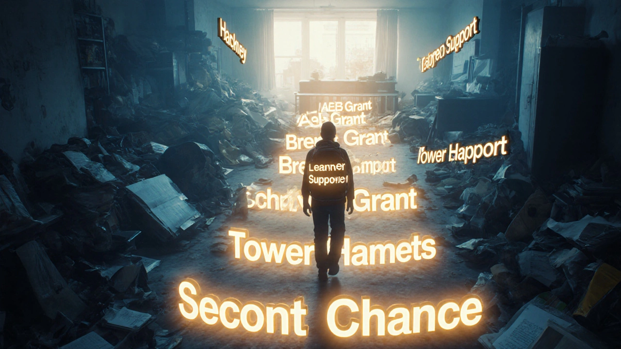 A symbolic path of London boroughs leads from home to a classroom, representing adult education funding.