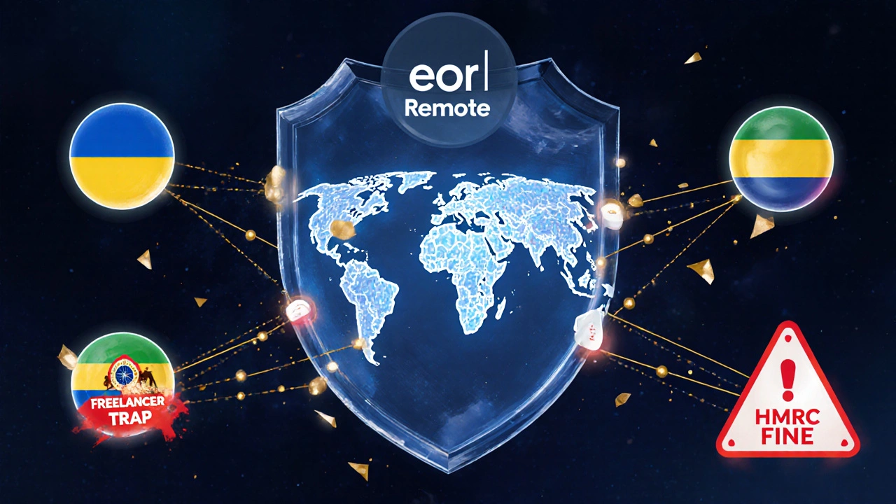 A symbolic shield protecting global remote workers connected to London, with legal compliance icons and shattered warnings below.