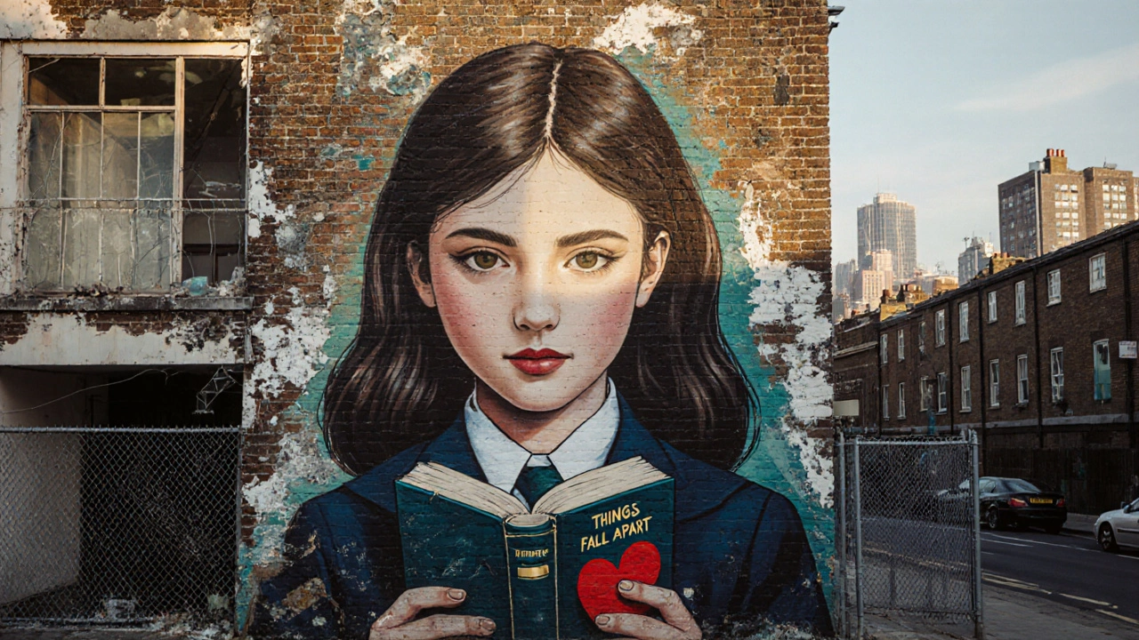 A teenage girl in a school uniform holds a book with a red heart on its spine, painted across two stories of a wall in Peckham.