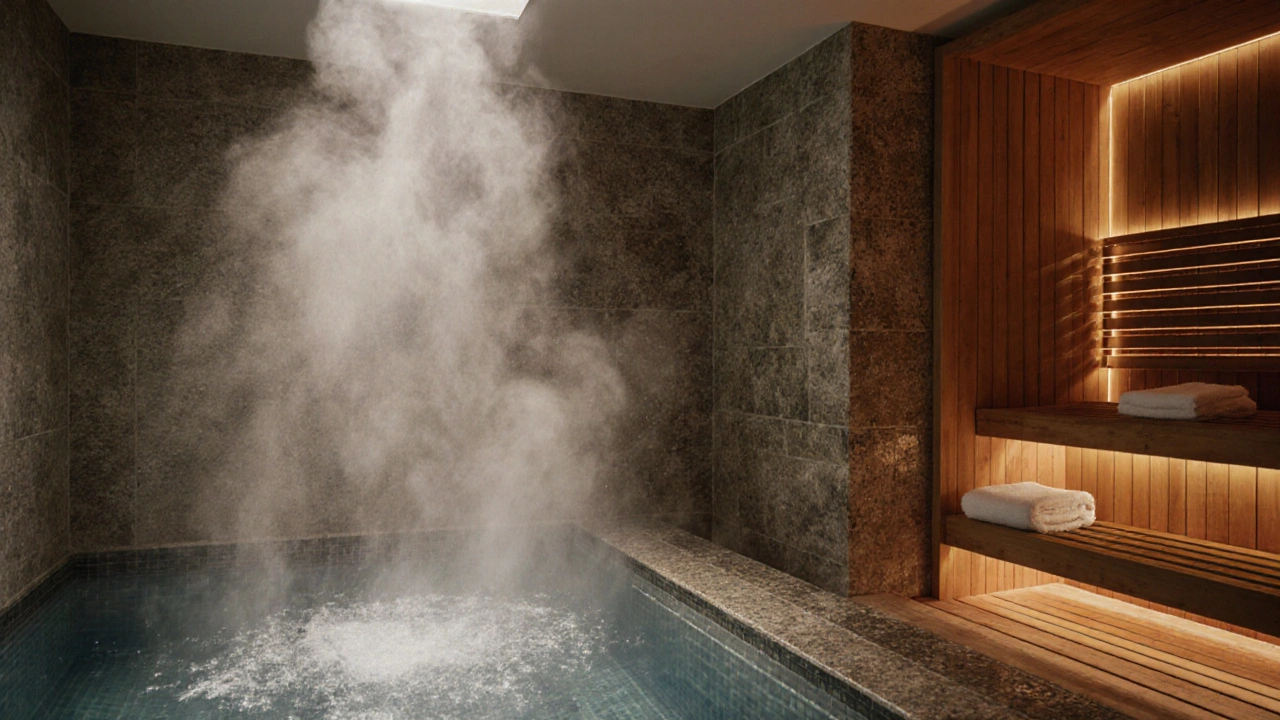 A thermal suite with steam, cold plunge, and infrared sauna in a serene spa environment.