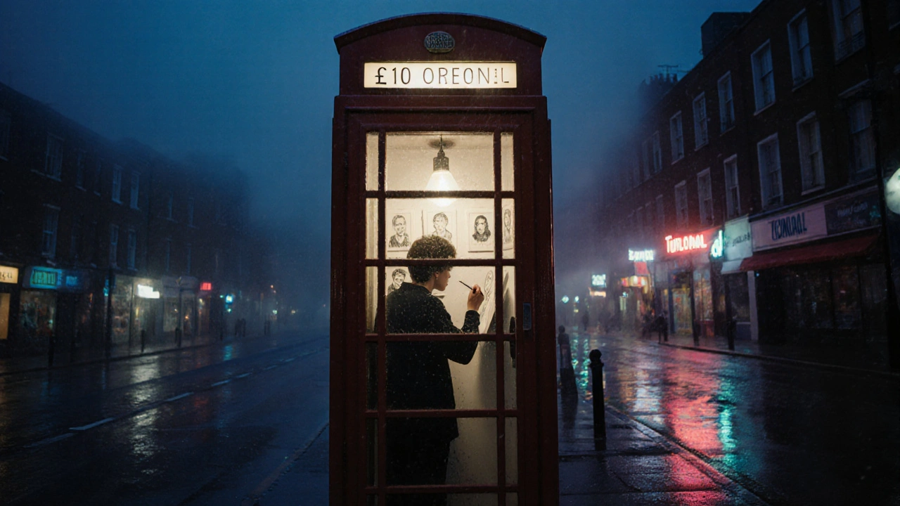 A tiny art gallery inside a phone booth in Hackney, with a young artist sketching for a customer under soft light.