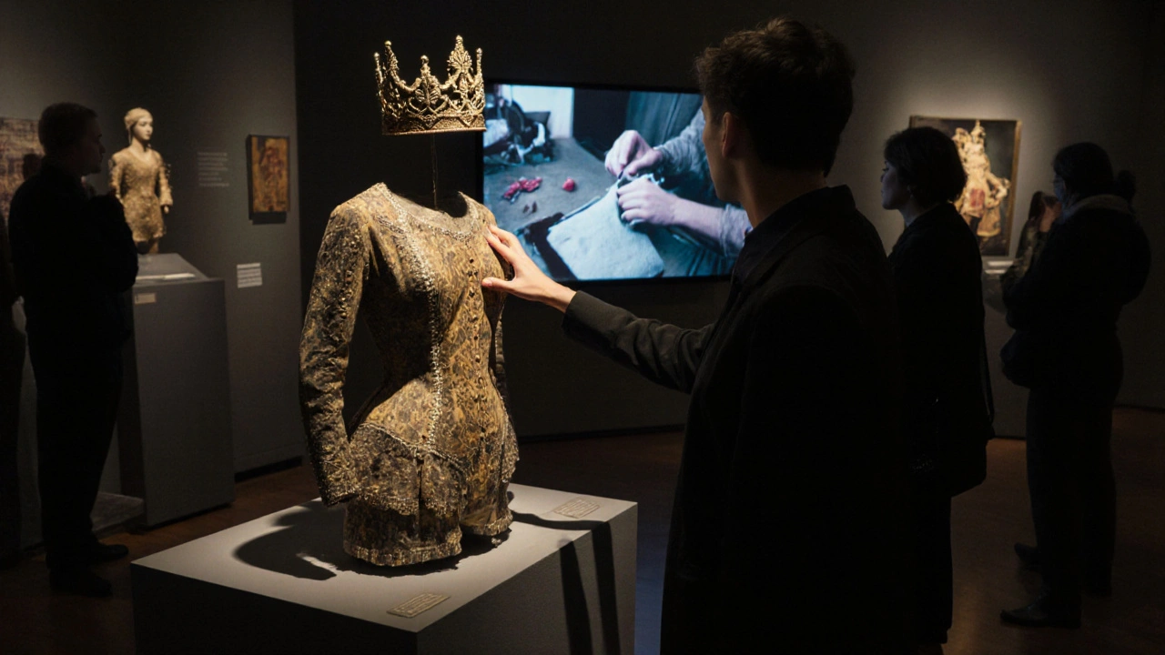 A visitor touching a replica of a historic Shakespearean crown while viewing a digital stitch-by-stitch animation nearby.
