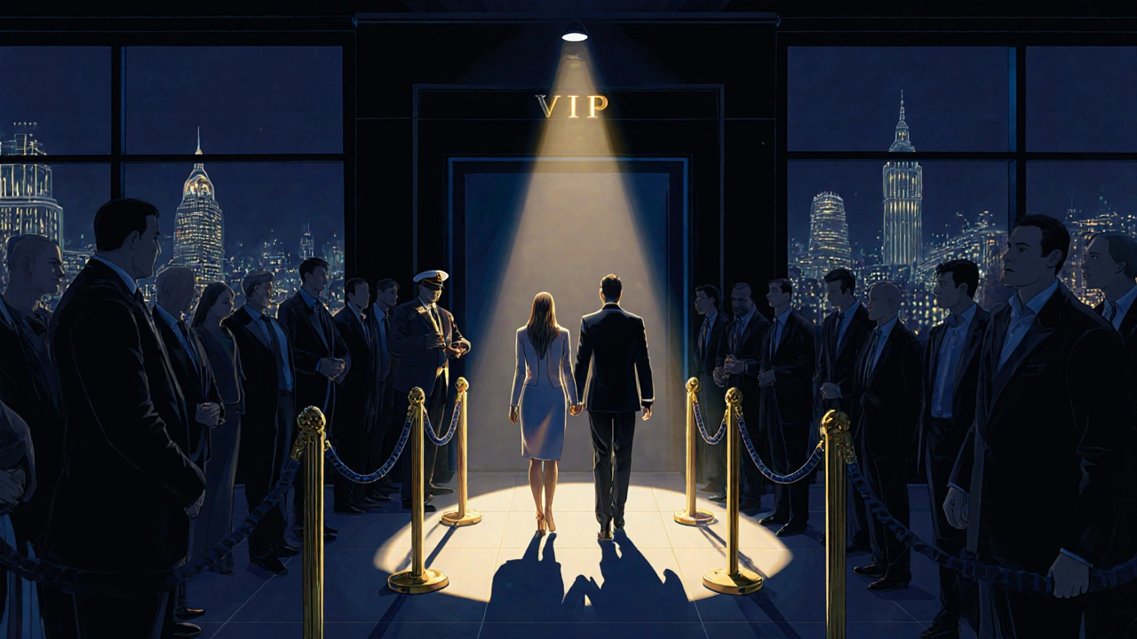 A well-dressed couple being escorted past a long line at a London nightclub entrance, golden ropes separating VIP access from the crowd.