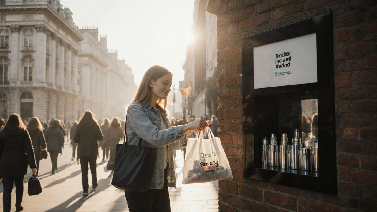 A woman dropping empty beauty containers into a public refill kiosk on a quiet London street at dawn.