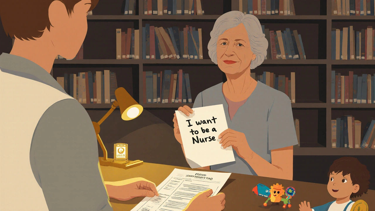 A woman in her 50s receives a funding form at a London library, with personal items on the desk.