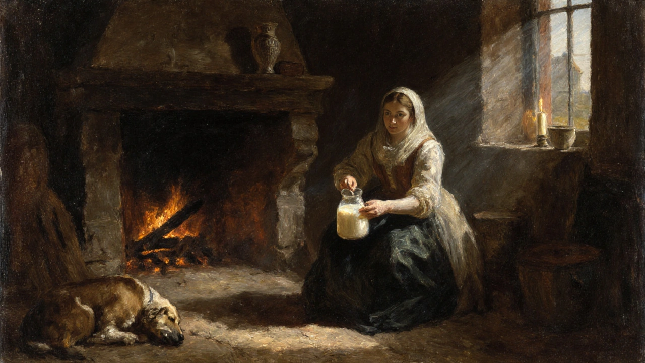 An intimate 17th-century Dutch scene of a woman pouring milk beside a hearth with a sleeping dog.