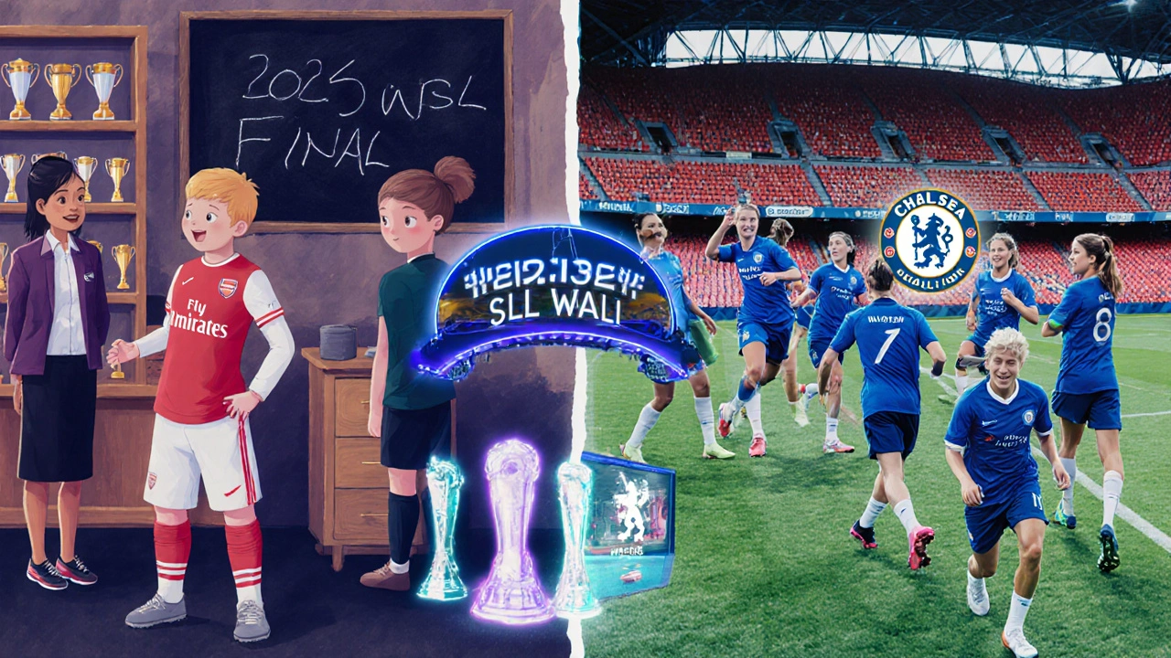 Arsenal&#039;s youth academy training alongside Chelsea&#039;s high-tech facility, with Wembley in the background symbolizing their rivalry.