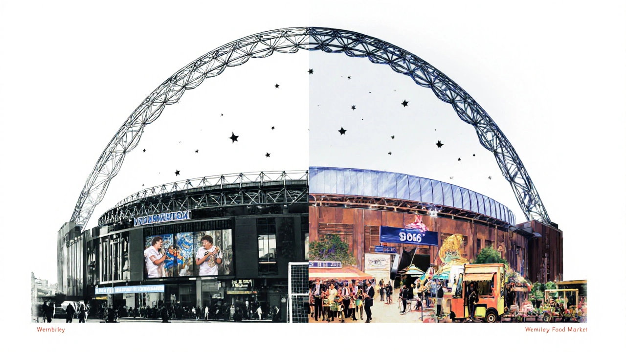Artistic blend of Wembley’s history, music, and food culture beneath the Arch.