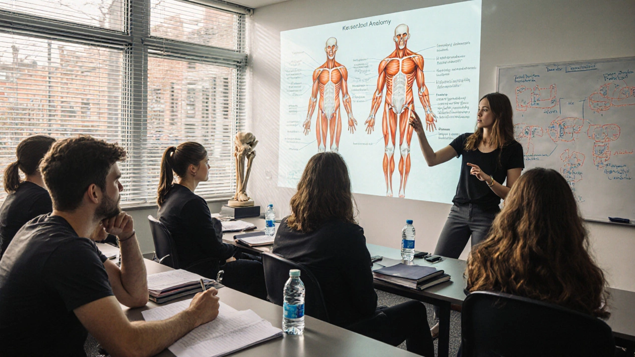 Aspiring fitness instructors studying human anatomy with a muscular system diagram in a London training classroom.