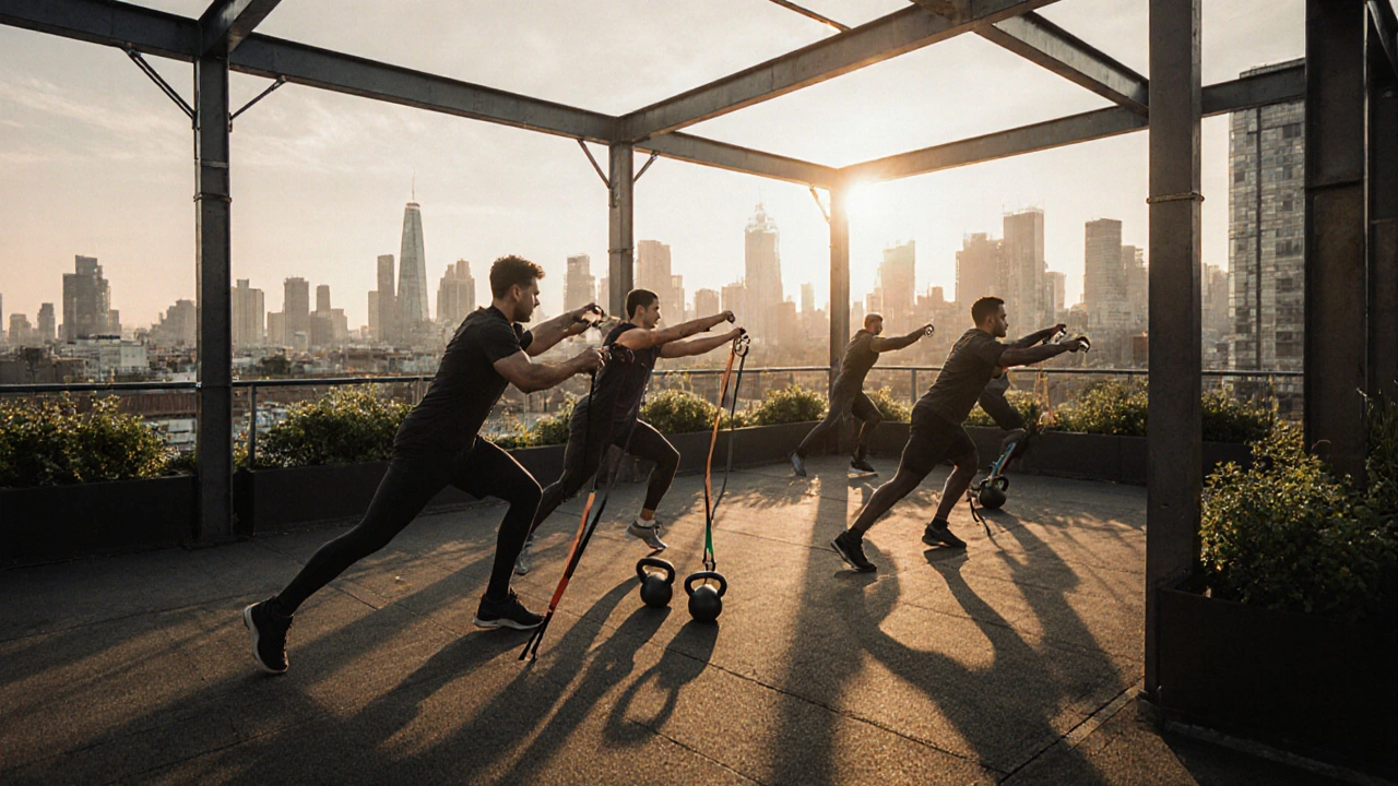 Athletes training on a rooftop fitness deck with kettlebells and resistance bands, overlooking London&#039;s cityscape at sunrise.