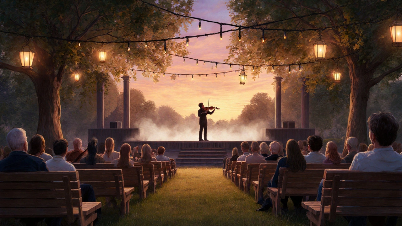 Audience at Regent’s Park Open Air Theatre under tree-canopy lights during a twilight performance.