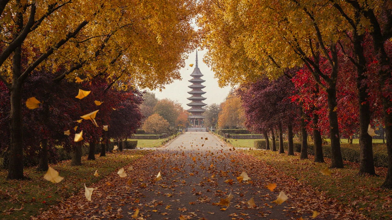 Autumn at Kew Gardens: golden ginkgo leaves fall along a tree-lined path under the Great Pagoda.