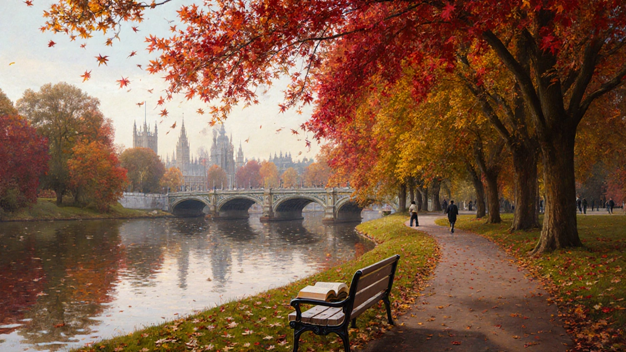 Autumn leaves reflecting in the lake of St James’s Park, colorful trees lining the path toward The Mall.
