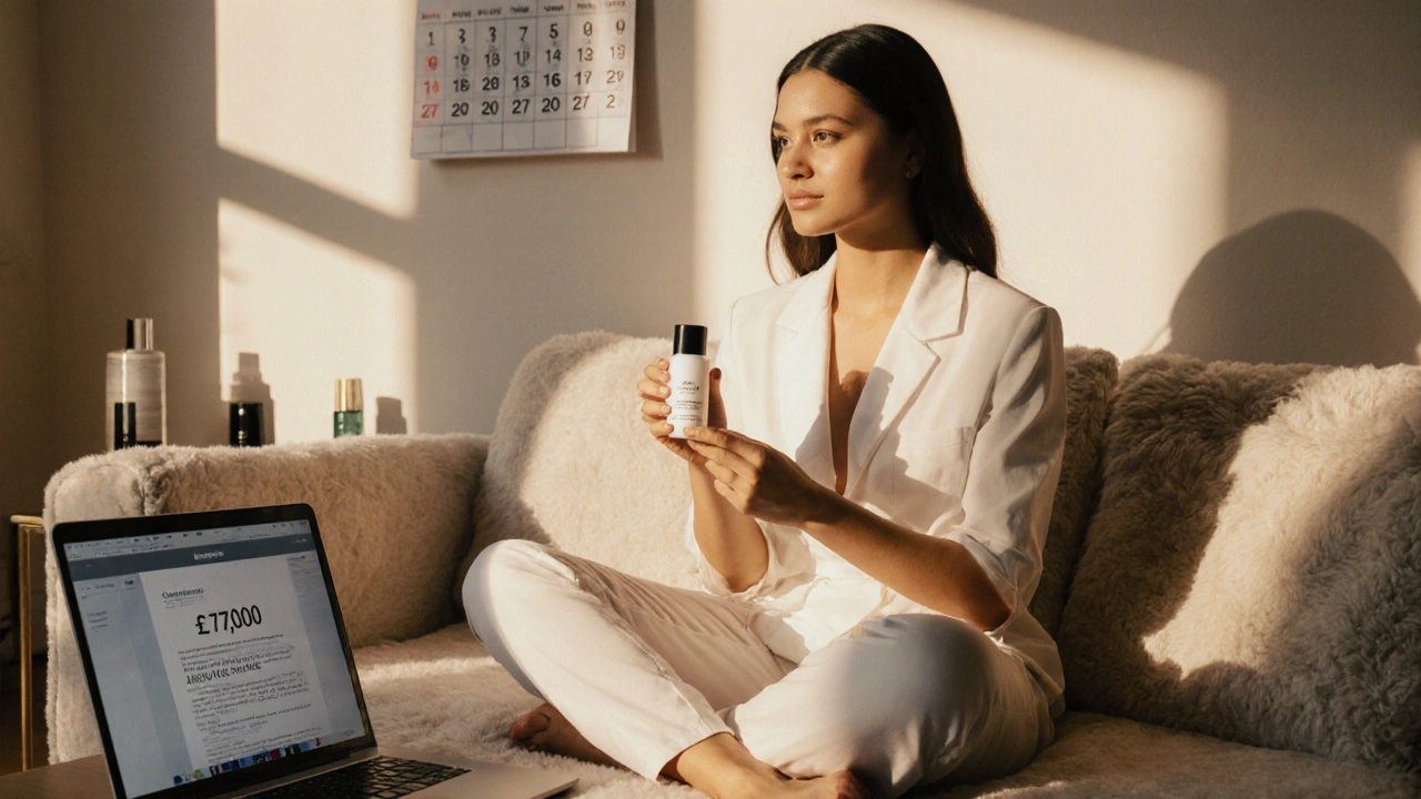 Beauty influencer in Notting Hill apartment surrounded by branded products, calendar showing monthly content deadlines.