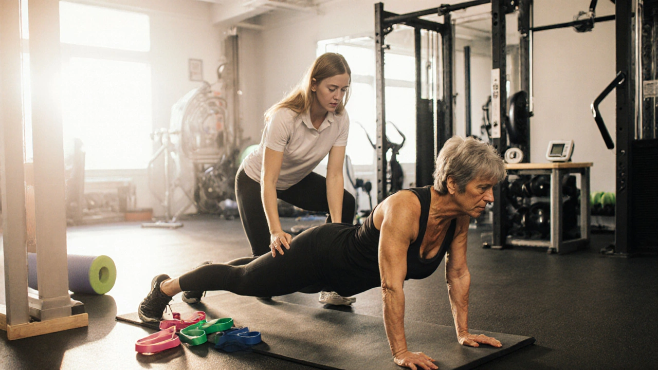 Candidate adapting a plank exercise for a client with lower back pain during a practical fitness certification exam.