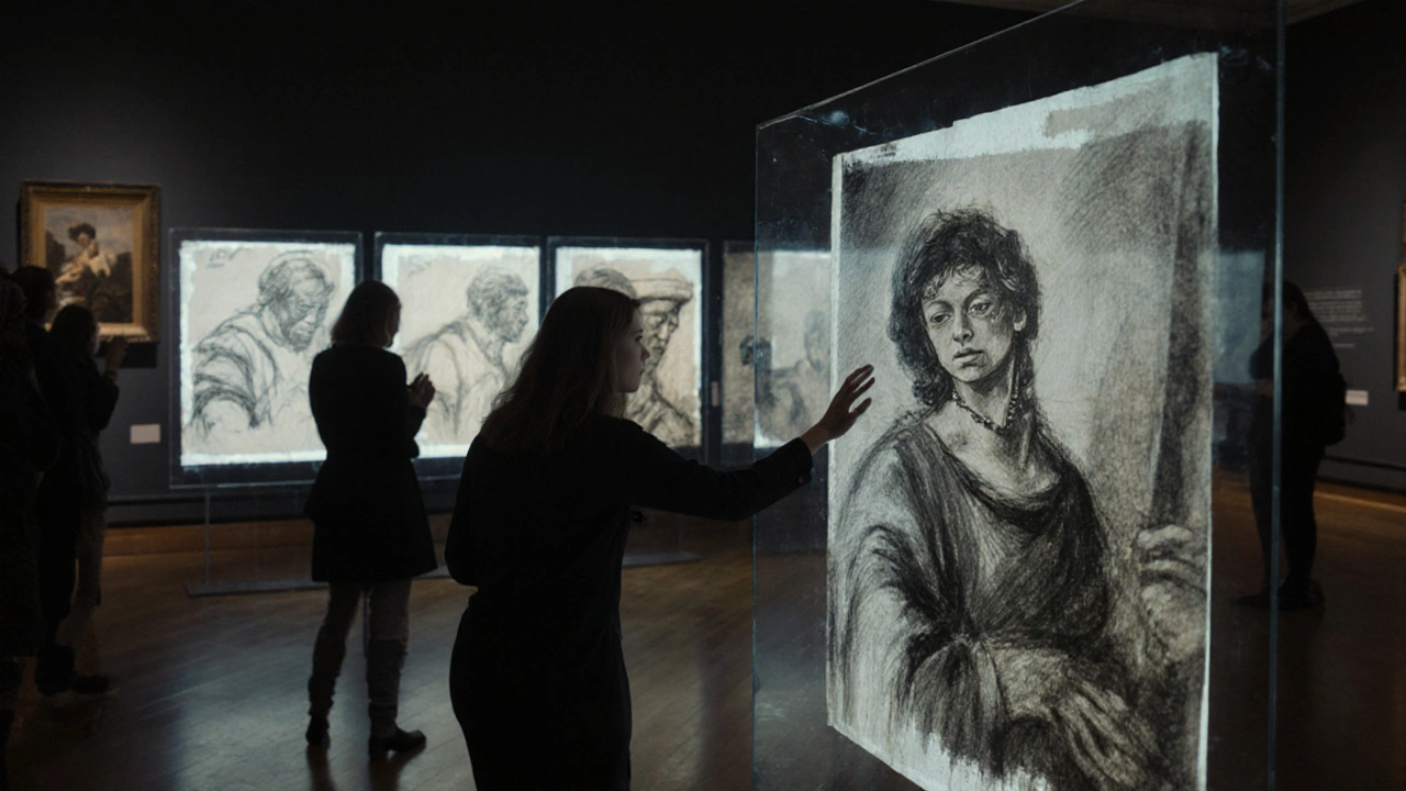 Caravaggio&#039;s sketches displayed with digital overlays showing how they transformed into finished paintings, viewers interacting with touchscreens.