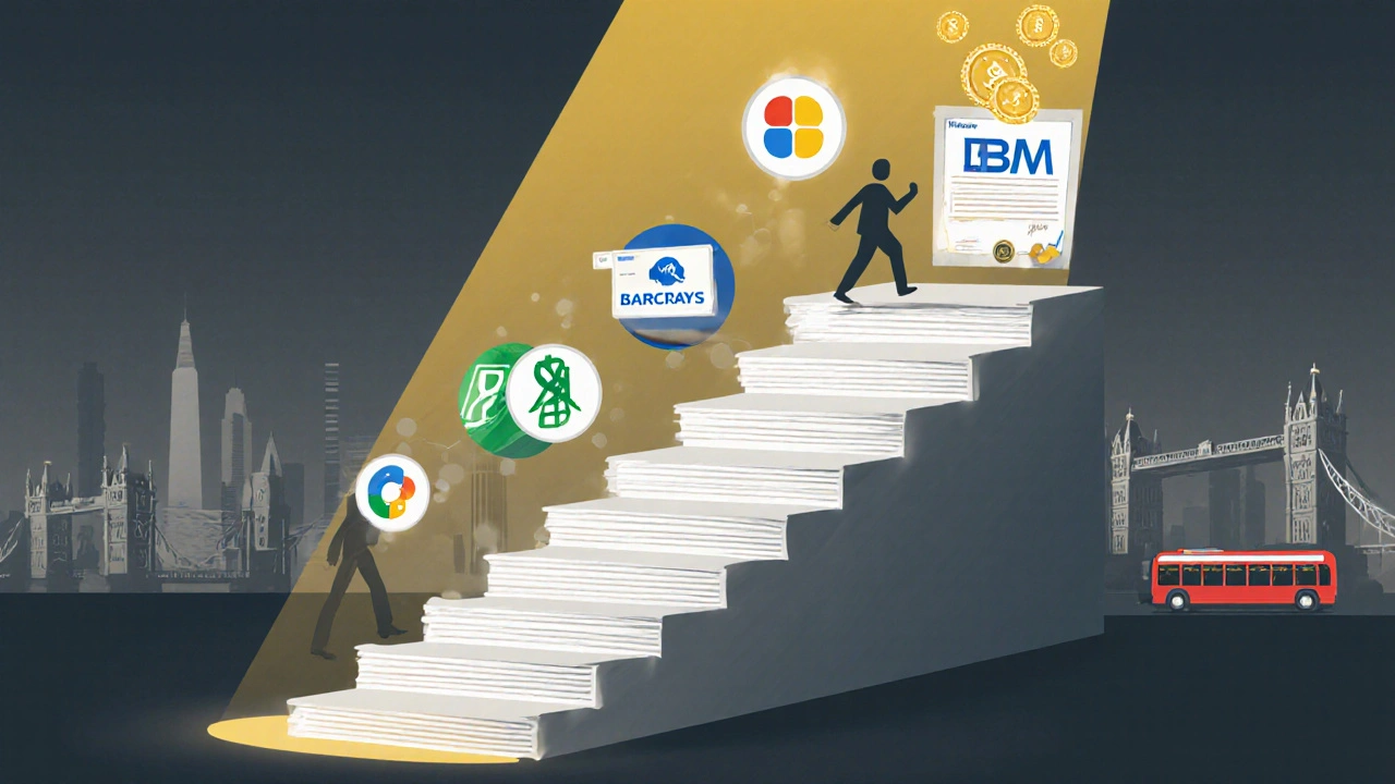 Career progression staircase with data analytics certificates leading to top jobs.
