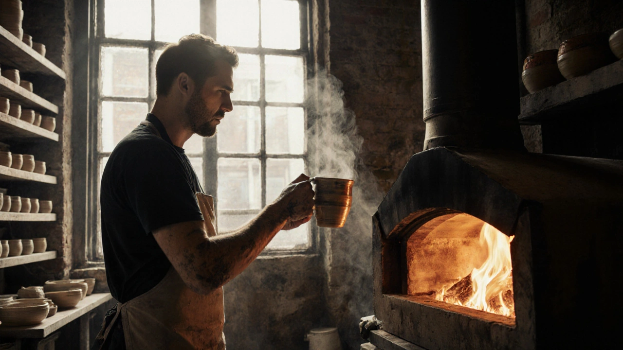 Ceramicist removing a hand-thrown mug from a wood-fired kiln with steam rising.