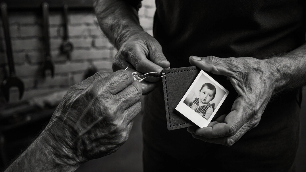 Close-up of hands stitching a leather belt with a hidden birthday photo inside.