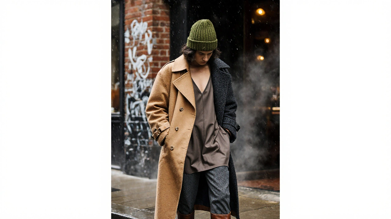 Close-up of someone in a reversible trench coat and slip dress over corduroy trousers, with a handmade knitted beanie in moss green.