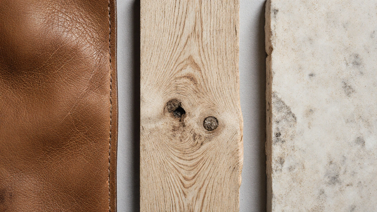 Close-up of three natural materials—leather, reclaimed wood, and limestone—showing their raw textures under soft daylight.