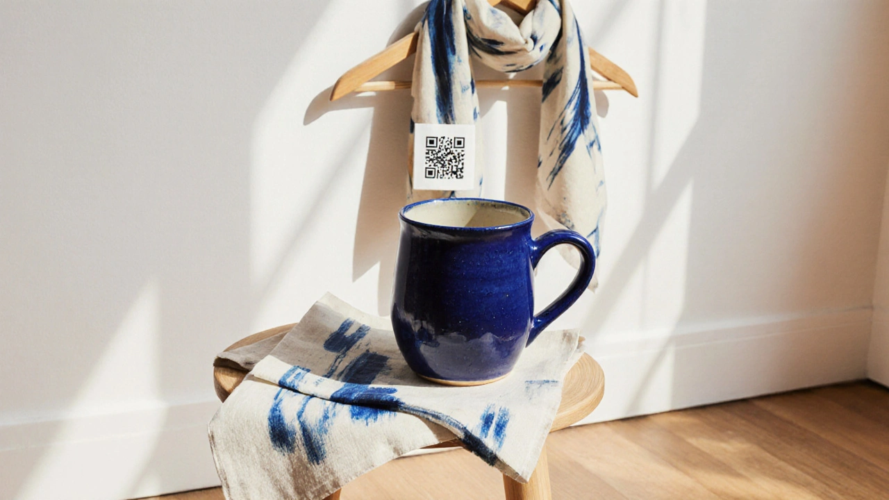 Cobalt stoneware mug and Turner-inspired linen napkin in Tate Modern’s minimalist gift shop.