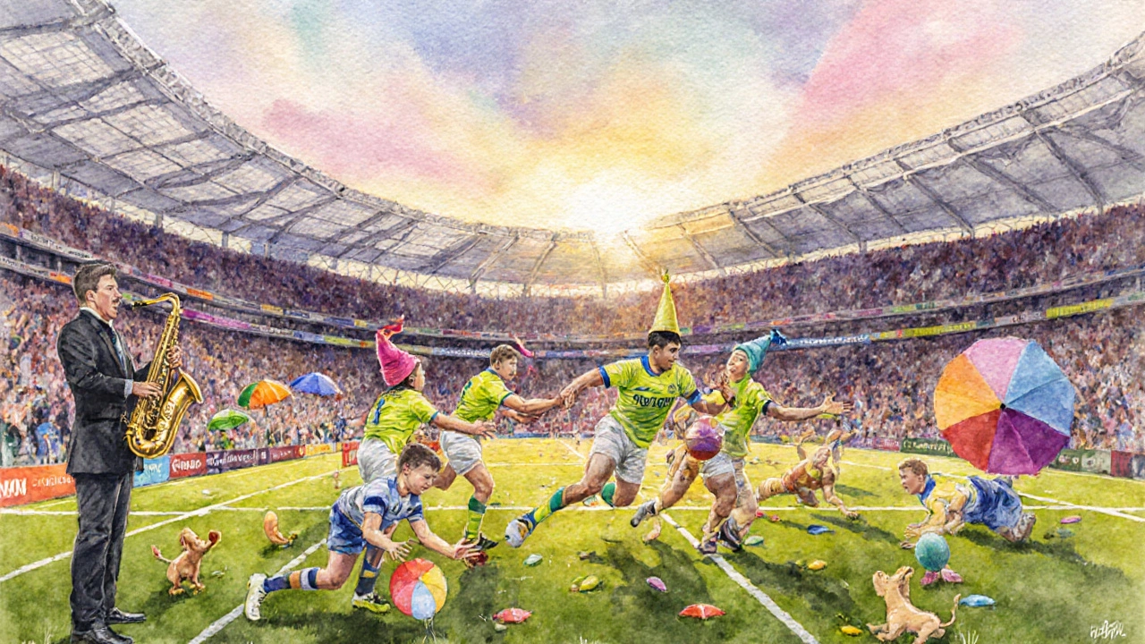 Colorful Sevens rugby tournament at Twickenham with fans dancing, children high-fiving players, and musicians on the sidelines.