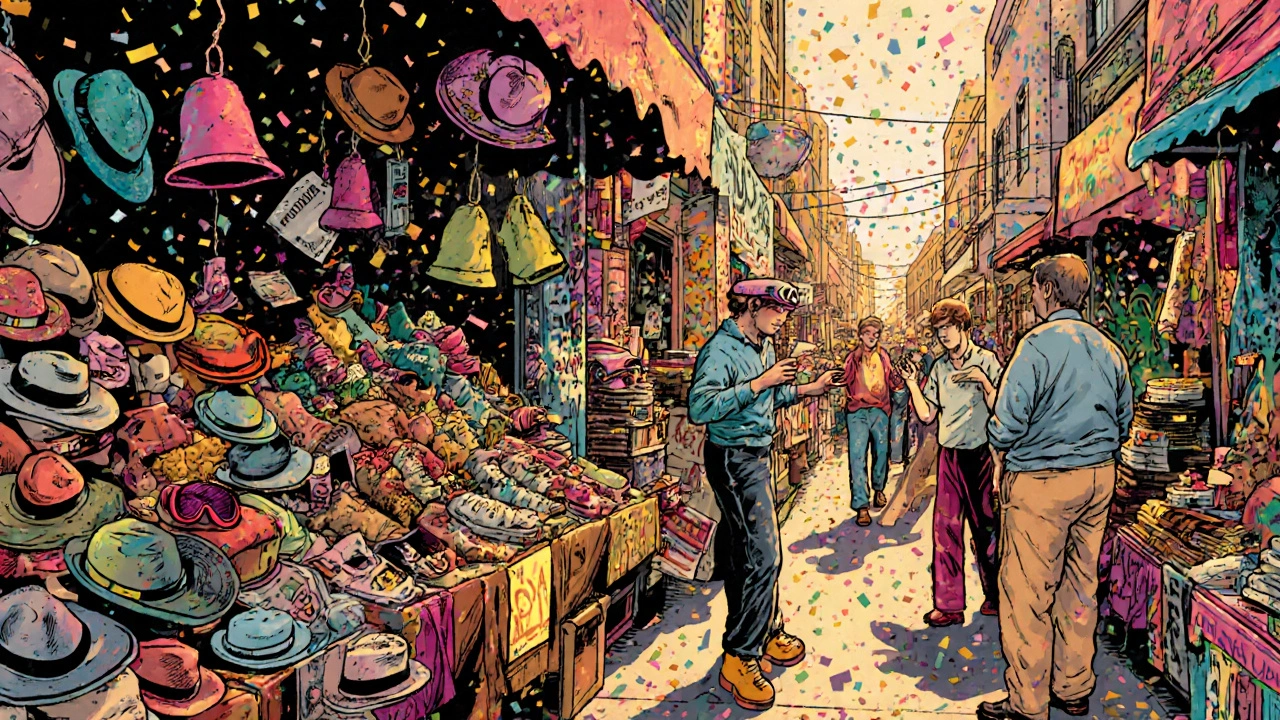 Colorful Sunday vintage market stall with hats, shoes, and retro items under warm afternoon light.