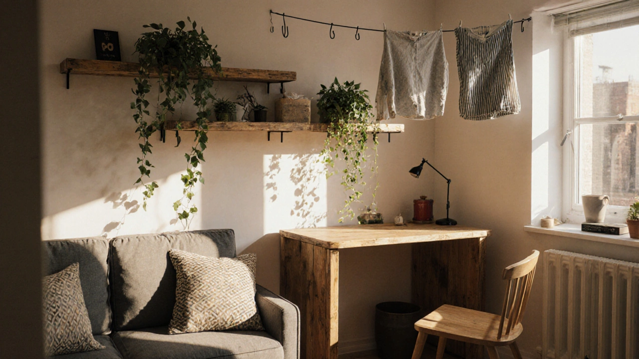Compact London living space featuring a storage sofa, fold-down desk, reclaimed shelves with plants, and drying laundry overhead.