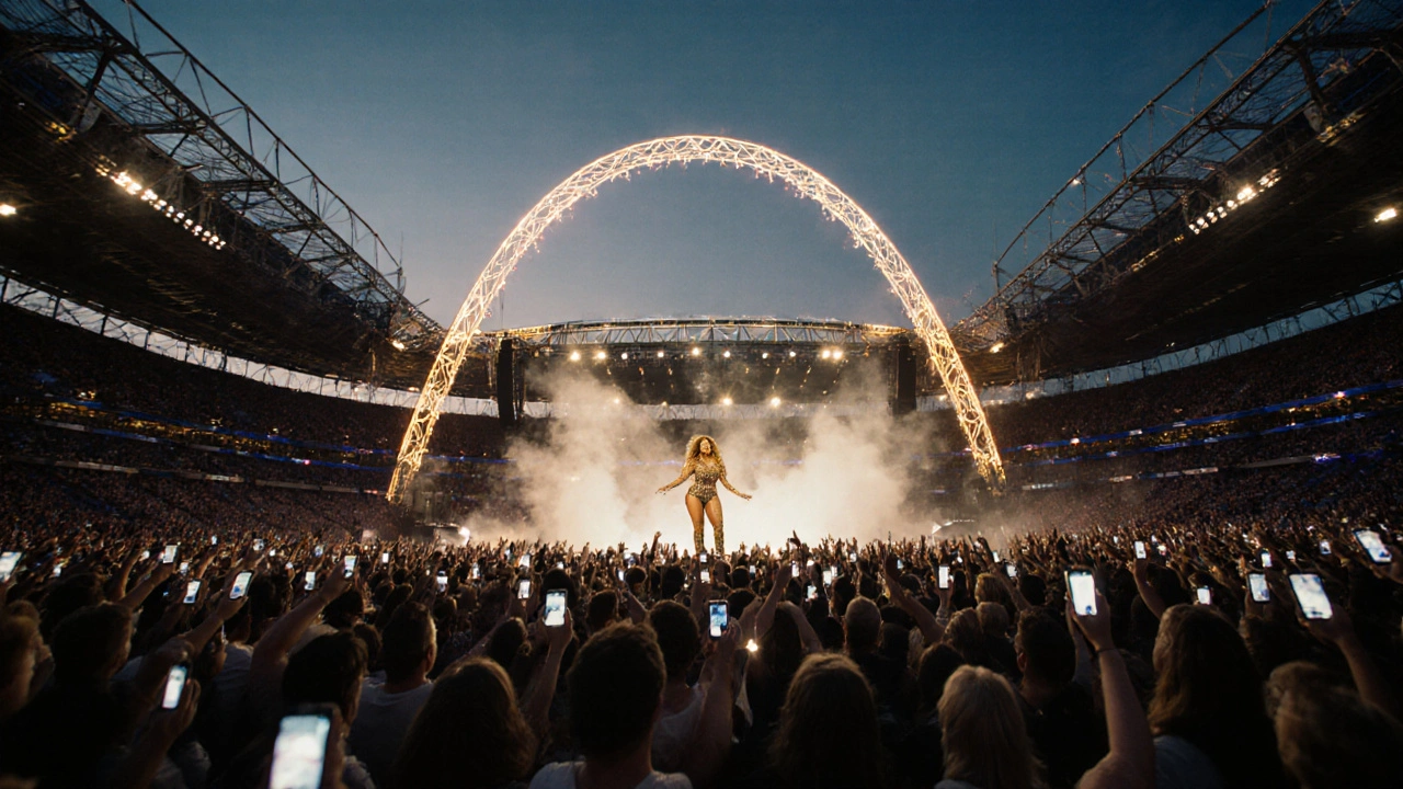 Concert crowd at Wembley Stadium with glowing phones and Beyoncé on stage.