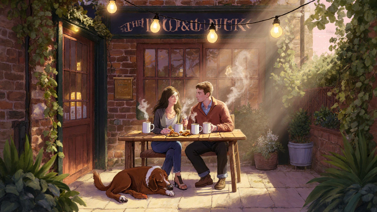 Couple and their dogs enjoying drinks on a cozy pub terrace in Clapham at dusk.