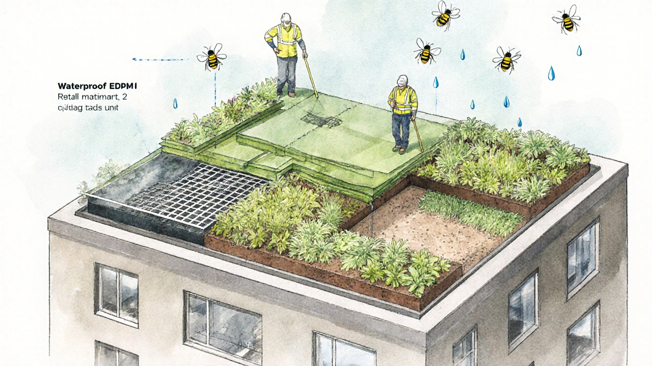 Cross-section diagram of a green roof showing waterproofing, drainage, soil, and sedum mats being installed by workers.