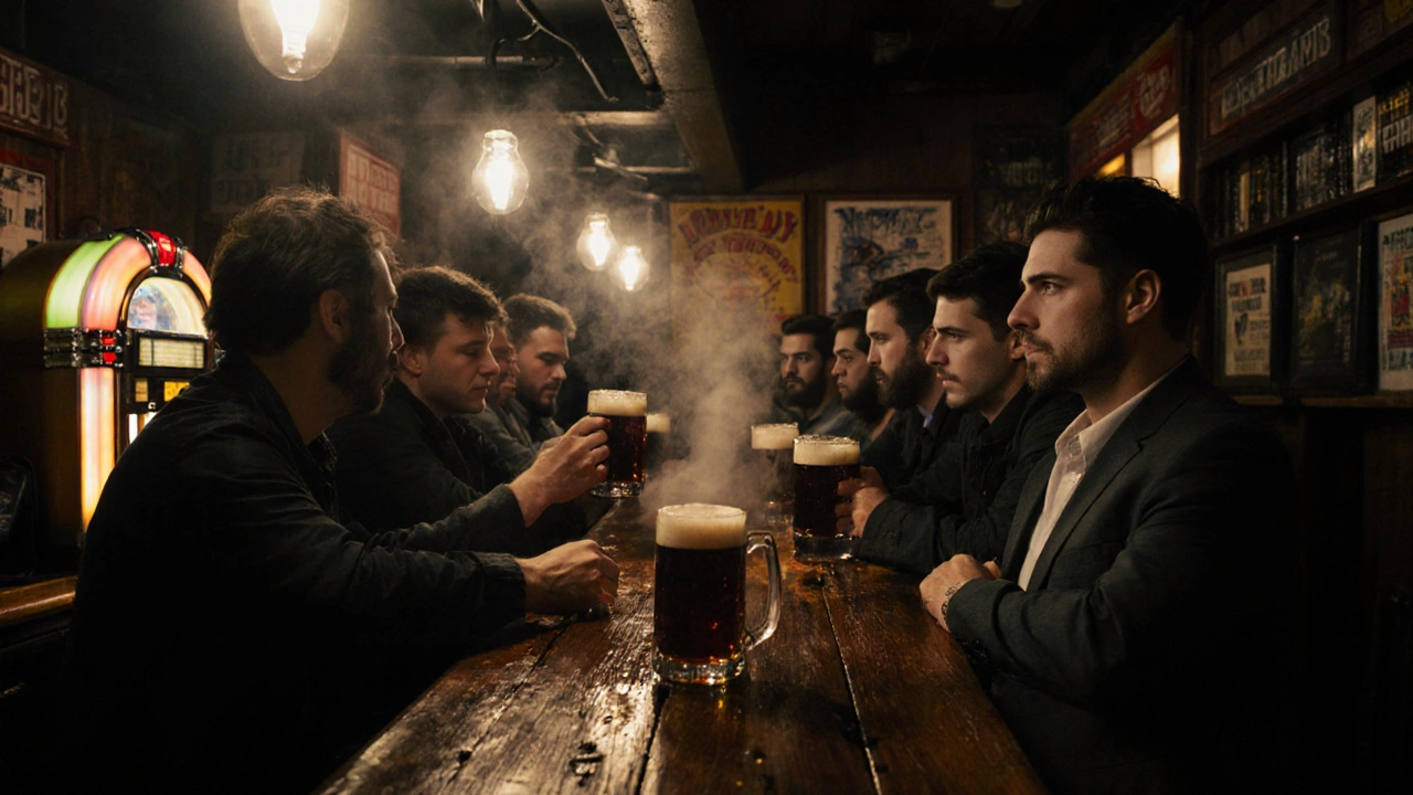 Crowded Camden dive bar at night with patrons holding pints under flickering lights.