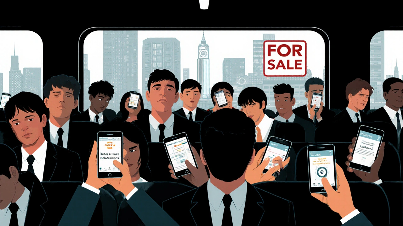 Crowded London commuter train with passengers checking rent and transport costs on their phones.