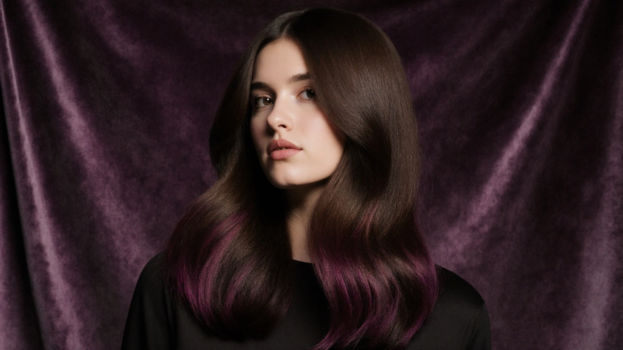 Deep brunette hair with layered warm and cool tones, showing seamless root blend and rich dimension.
