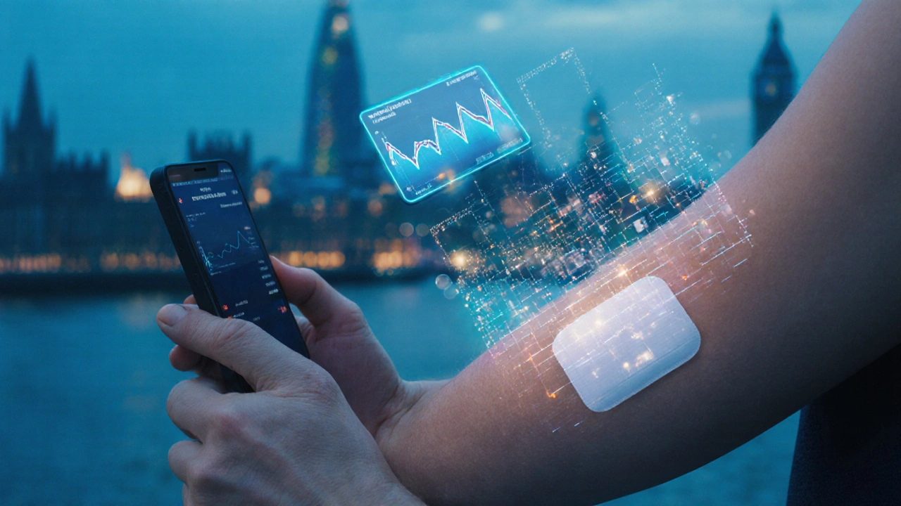 Diabetic patient wearing a glucose patch, connected to a smartphone app showing real-time health data.