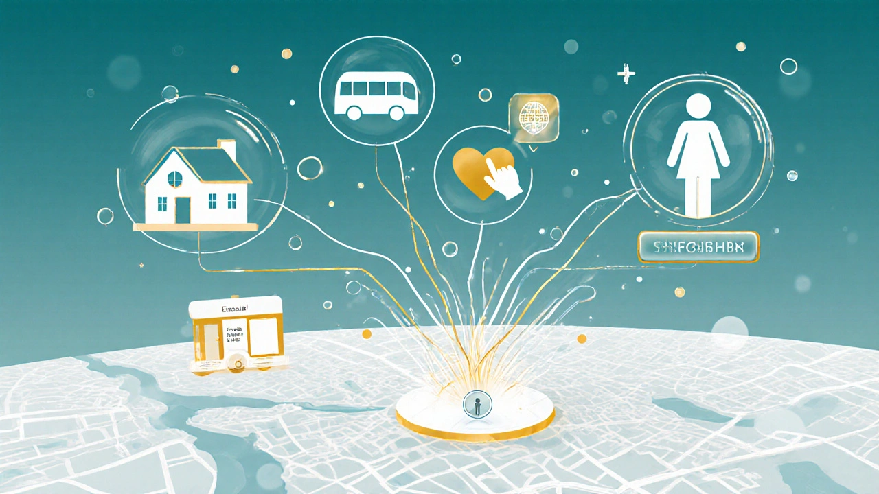 Digital identity framework connecting Londoners to public services with light threads and consent icons.