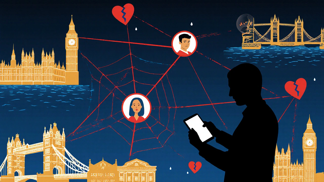 Digital spiderweb connecting London landmarks to a shadowy scammer, glowing red threads.
