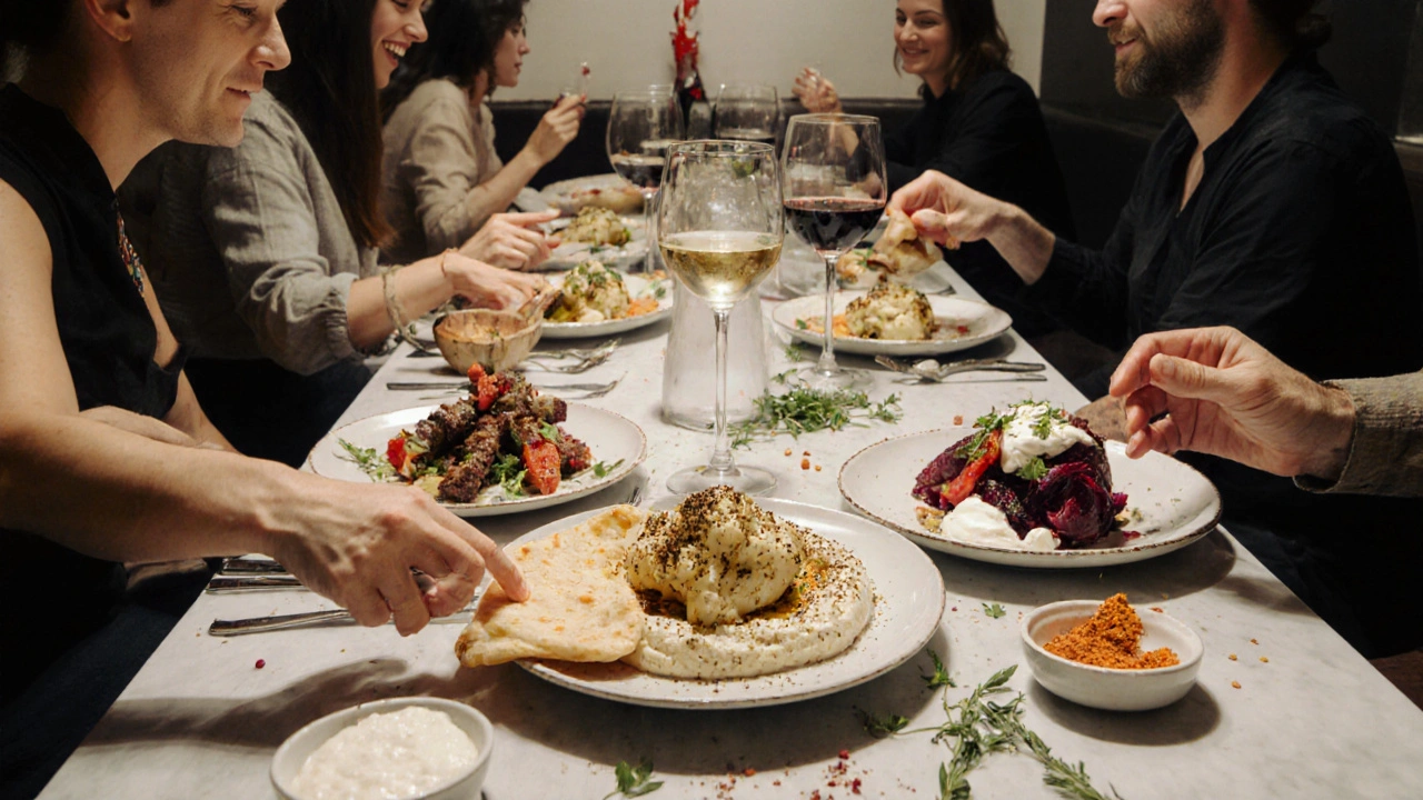 Diners at a long table in Soho sharing colorful Israeli small plates like roasted cauliflower and hummus.
