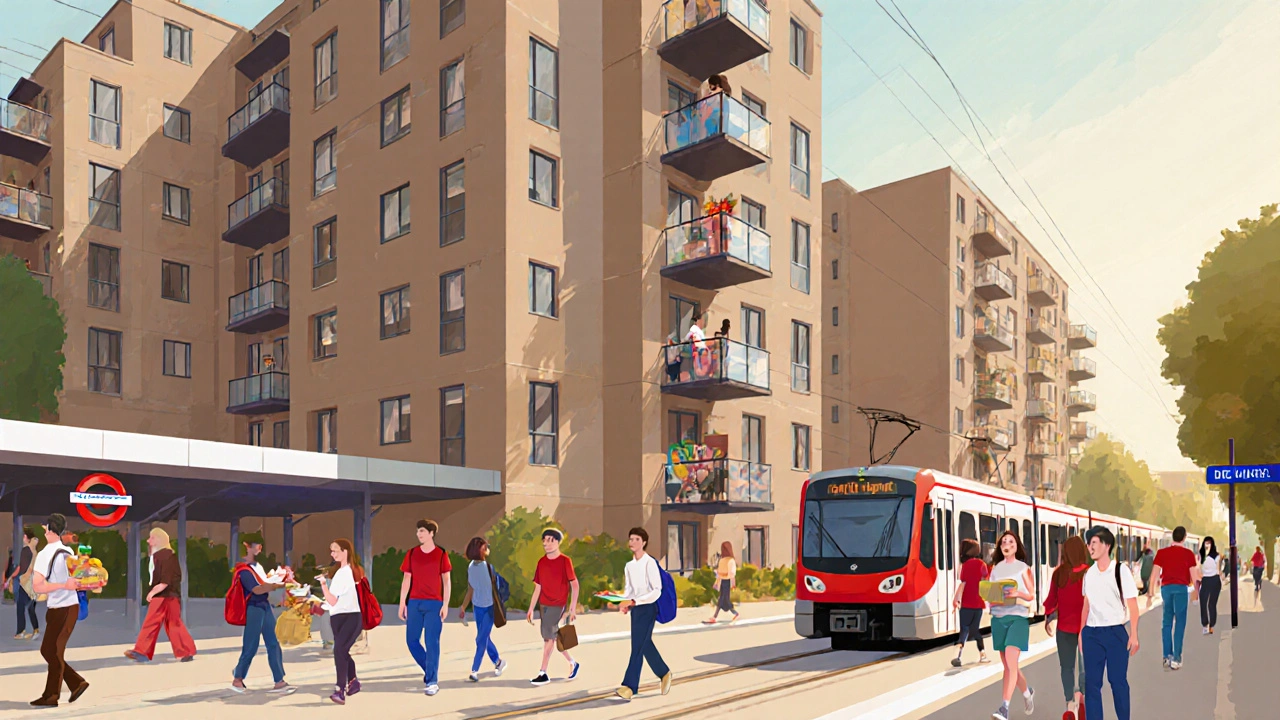 Diverse students walking to a tube station near a student housing complex in Stratford with the Elizabeth Line in background.
