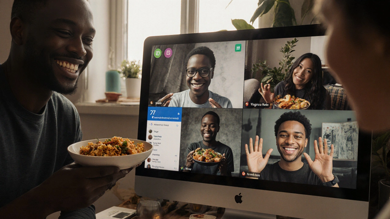 Diverse team members sharing food and culture during a virtual company event, smiling on a video call.