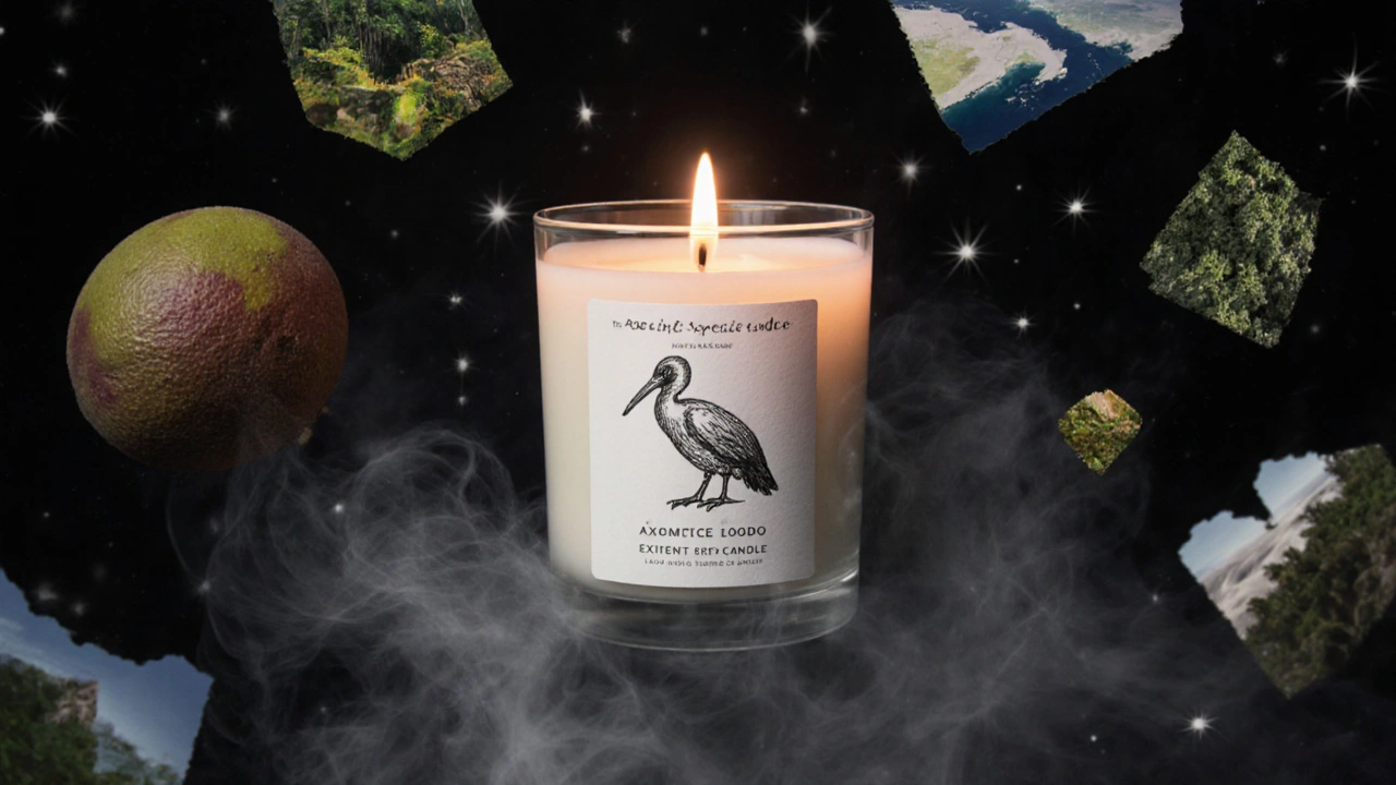 Dodo candle glowing with scent of guava and earth, surrounded by fading ecosystem silhouettes.
